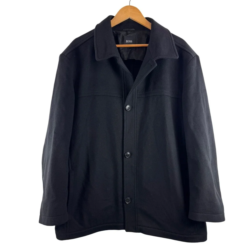 Hugo Boss Chester Coat Mens 44R Black Virgin Wool Cashmere Blend Button Front